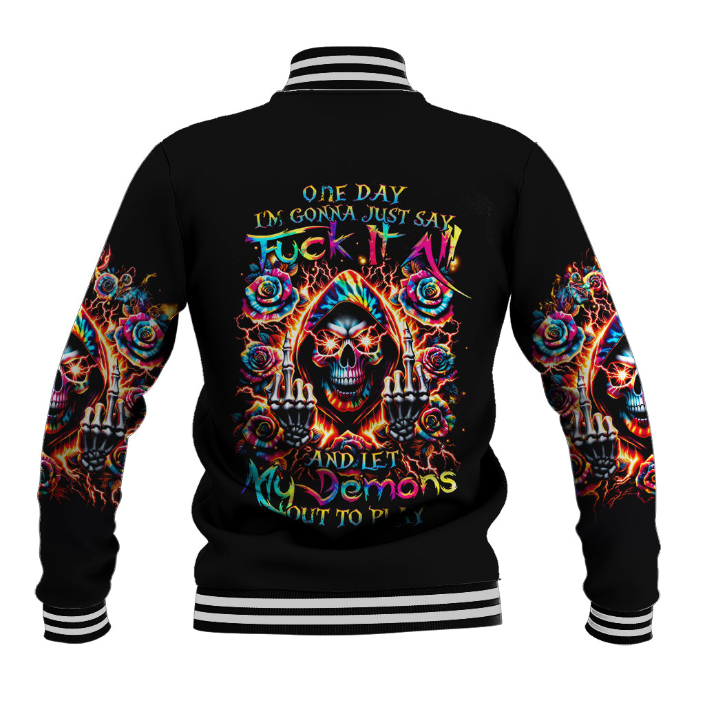 Flower Skull Baseball Jacket One Day Say Fuck Itt All And Let My Demons Out - Wonder Print Shop