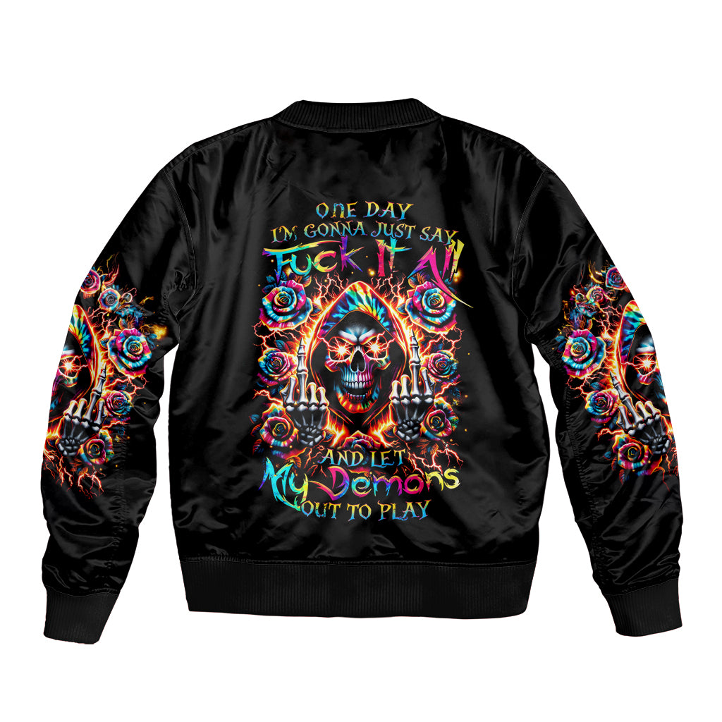 Flower Skull Bomber Jacket One Day Say Fuck Itt All And Let My Demons Out - Wonder Print Shop