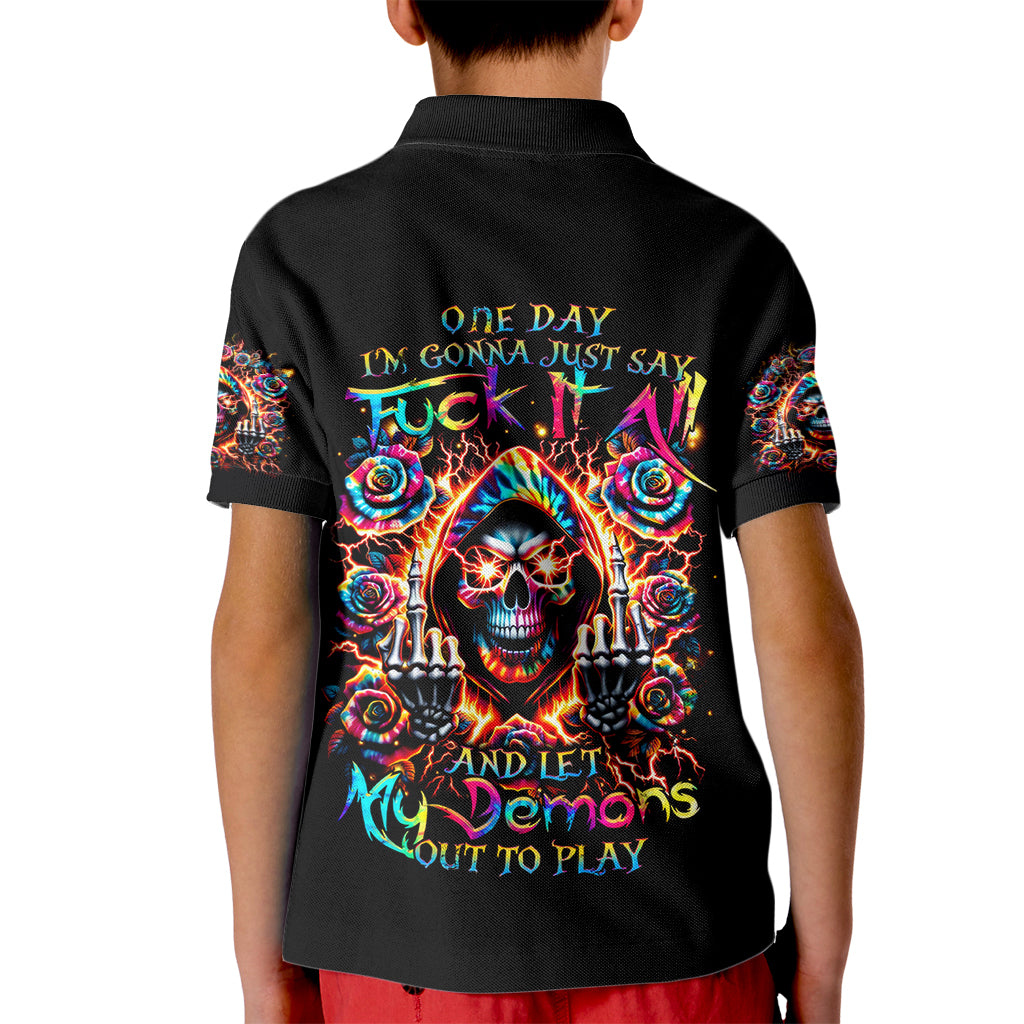 Flower Skull Kid Polo Shirt One Day Say Fuck Itt All And Let My Demons Out - Wonder Print Shop