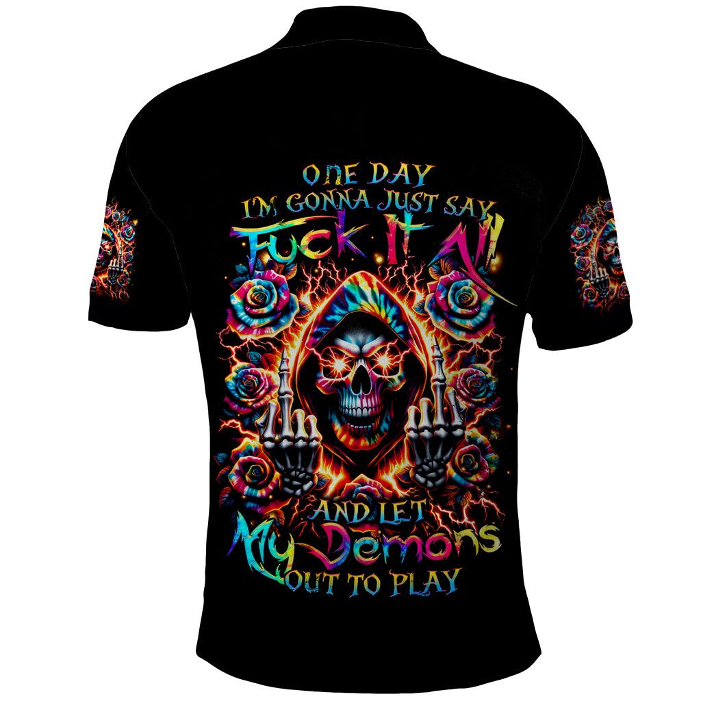 Flower Skull Polo Shirt One Day Say Fuck Itt All And Let My Demons Out - Wonder Print Shop