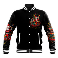 Unisex black varsity baseball jacket front with button-up placket, striped cuffs, skeleton Santa art