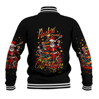Unisex black baseball jacket with ribbed striped collar and back graphic of skeleton Santa