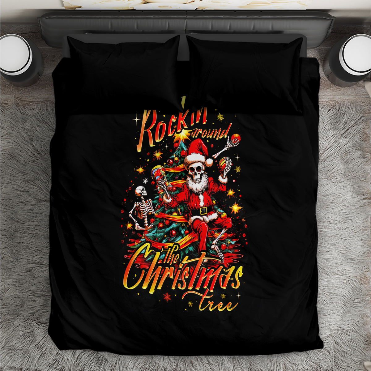 Black bedding set with Santa skeleton and Christmas tree graphic on duvet