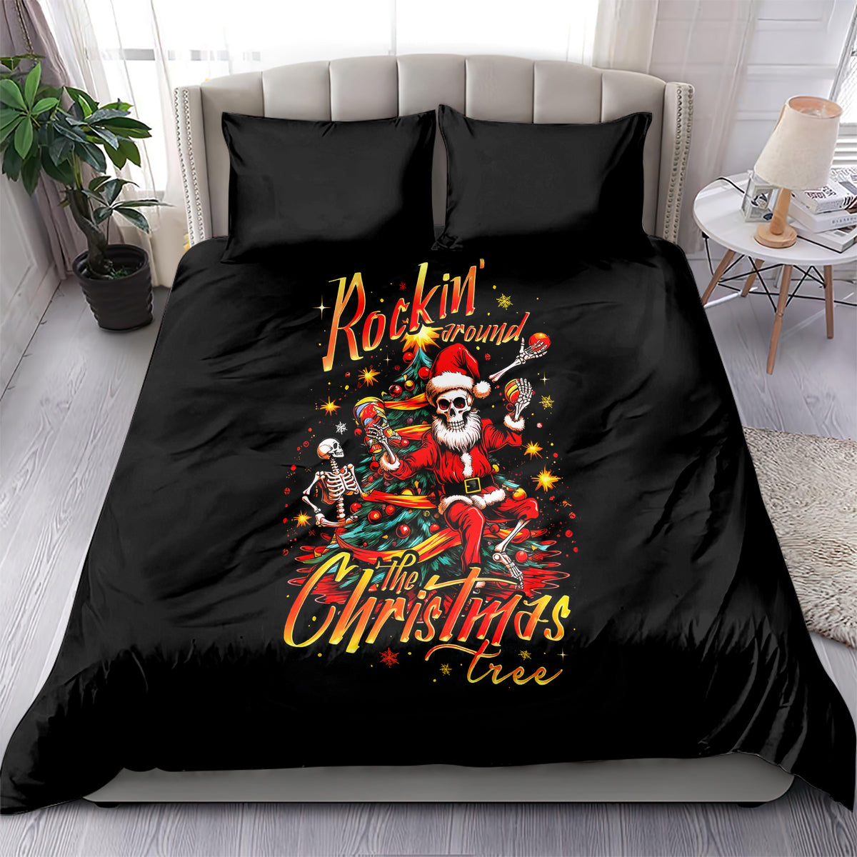 Black duvet bedding set with Santa skeleton and Christmas tree artwork on bed