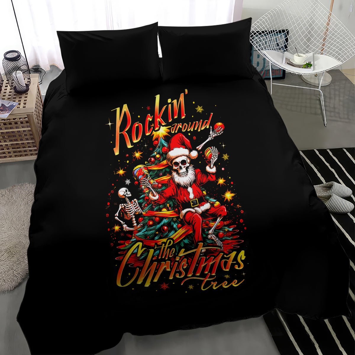 Black bedding set with Santa skeleton print and “Rockin' around the Christmas Tree” text