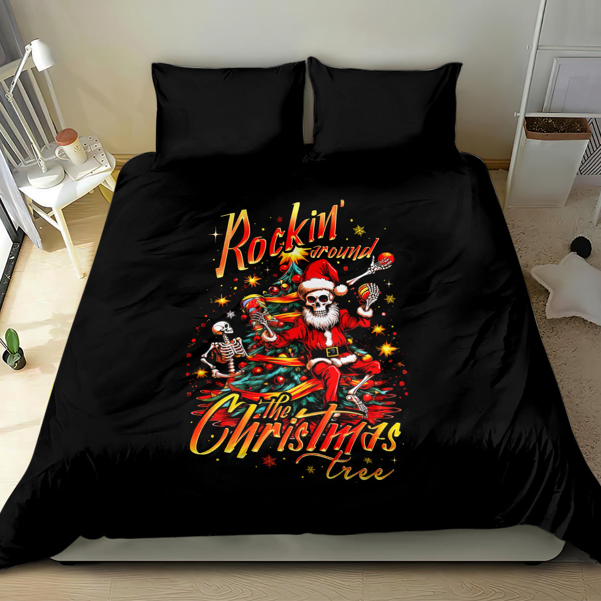 Black bedding set with Santa skeleton holding a guitar, Christmas tree graphic