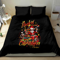 Black bedding set with Santa skeleton holding a guitar, Christmas tree graphic