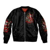 Black bomber jacket with skeleton Santa graphic, front zipper and ribbed hem