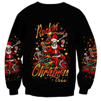 Black unisex sweatshirt with skeleton Santa 'Rockin' Around' graphic