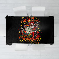 Black Christmas tablecloth featuring skeleton Santa and 'Rockin Around The Christmas Tree' print