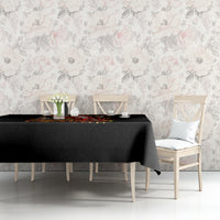 Black Christmas tablecloth on side dining table with skeleton Santa artwork border