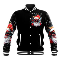 Black baseball jacket, striped ribbed stand collar, skull Santa Merry Christmas graphic front