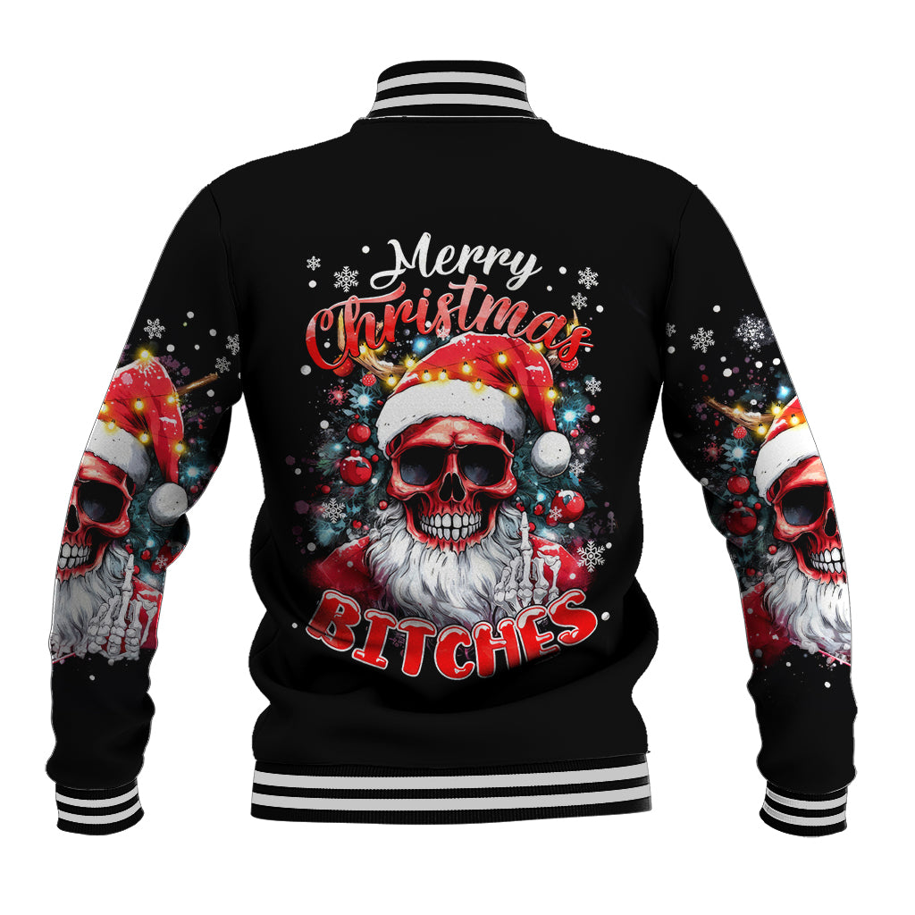 Black baseball jacket, striped ribbed collar, Merry Christmas skull Santa graphic on back
