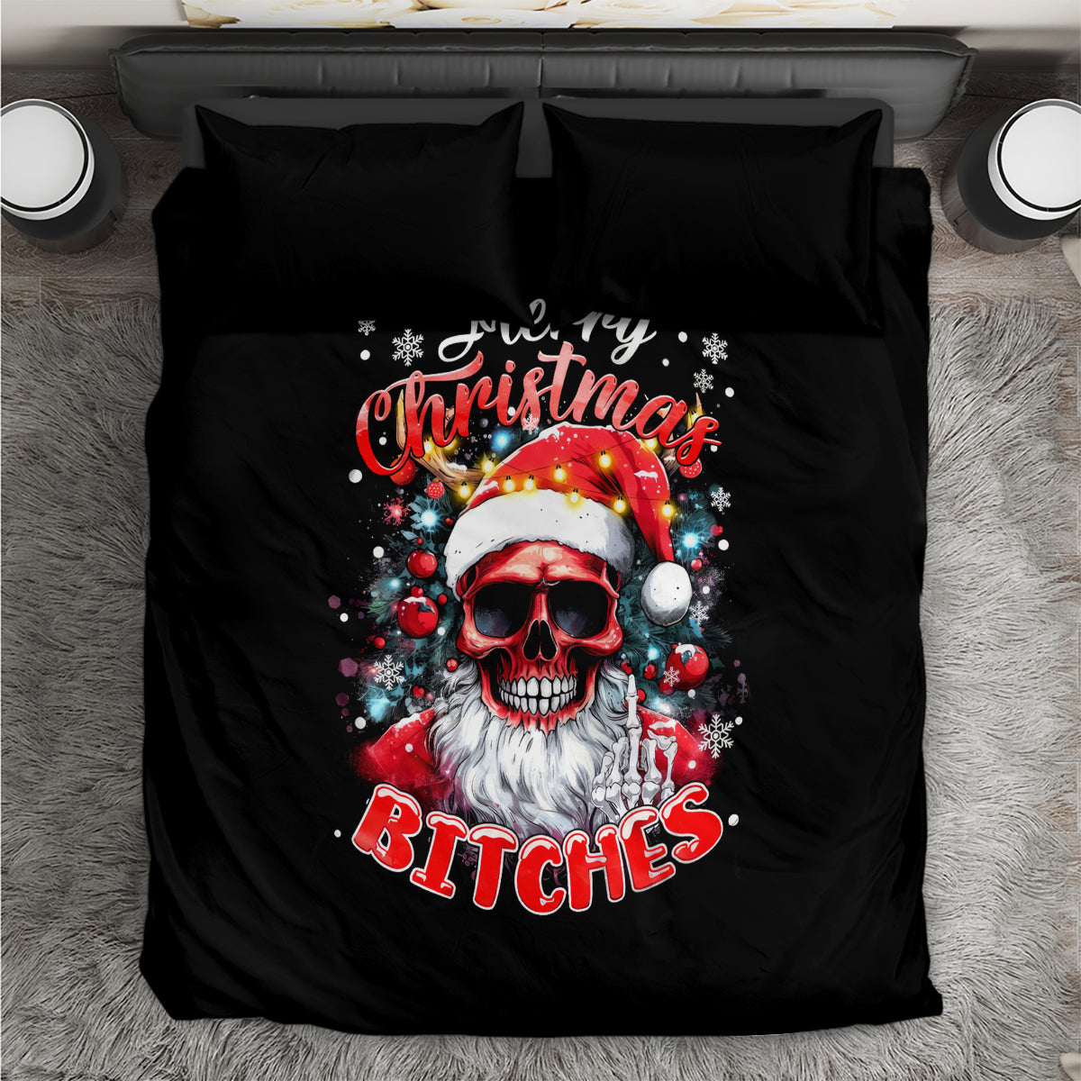 Black duvet cover and pillow shams with skeleton Santa skull graphic, Merry Christmas