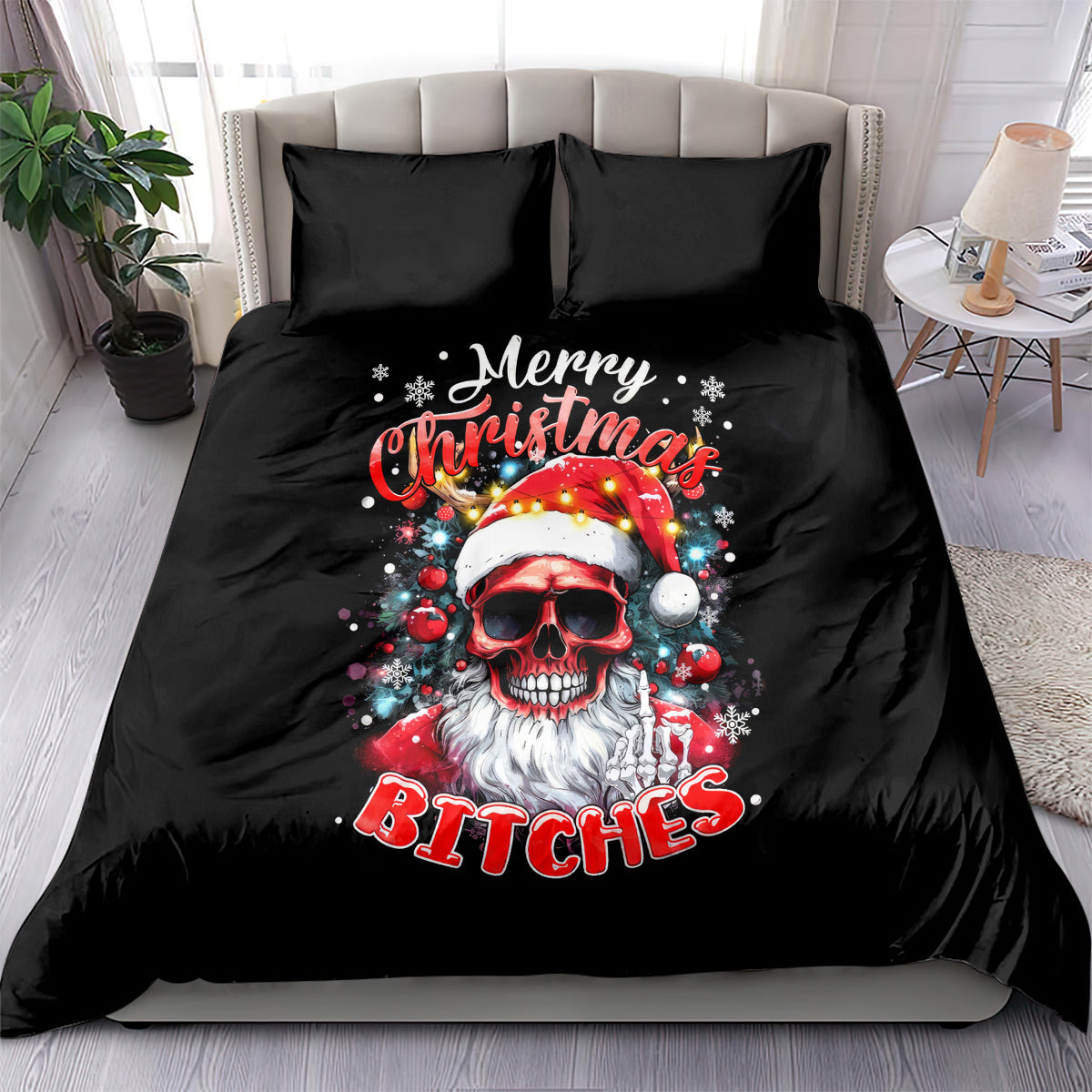 Black duvet cover and pillow shams featuring skeleton Santa skull graphic, Merry Christmas