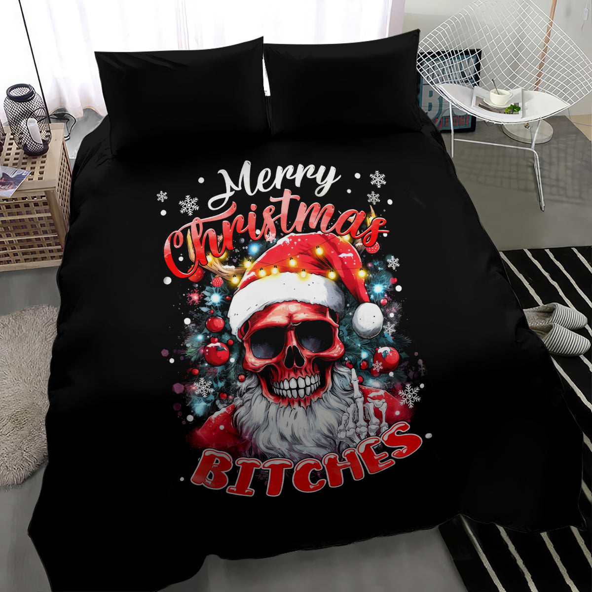 Black bedding set with skeleton Santa skull graphic and Merry Christmas text on duvet