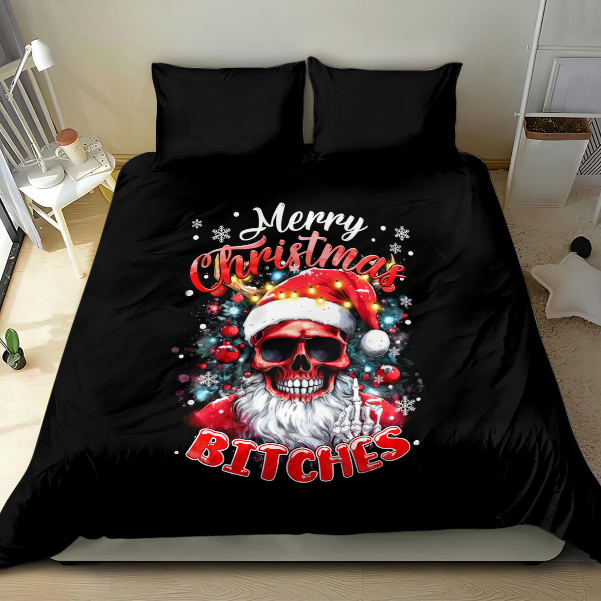 Black bedding set featuring skeleton Santa skull graphic with Merry Christmas design