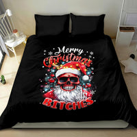 Black bedding set featuring skeleton Santa skull graphic with Merry Christmas design