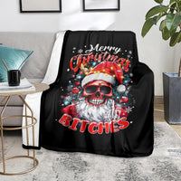 Black skeleton Santa throw blanket with Merry Christmas and 'BITCHES' graphic