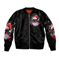 Black bomber jacket with front zipper and Merry Christmas skeleton Santa graphic.