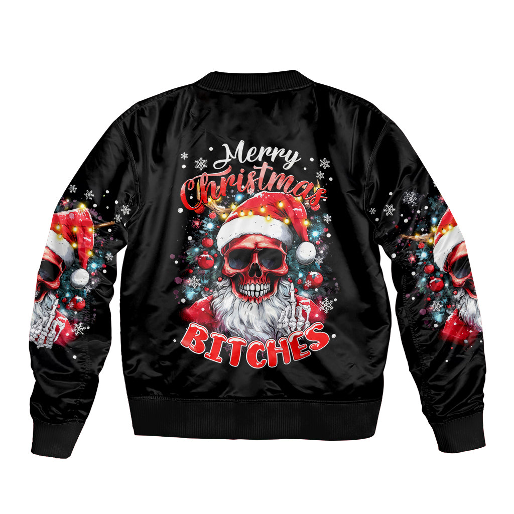 Black bomber jacket with Merry Christmas skeleton Santa graphic and Bitches text, ribbed cuffs.