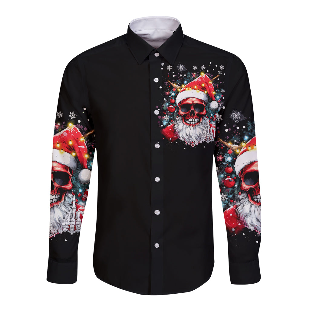 Black long-sleeve button shirt, front skeleton Santa with red hat, Christmas lights graphic.