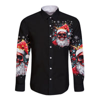 Black long-sleeve button shirt, front skeleton Santa with red hat, Christmas lights graphic.