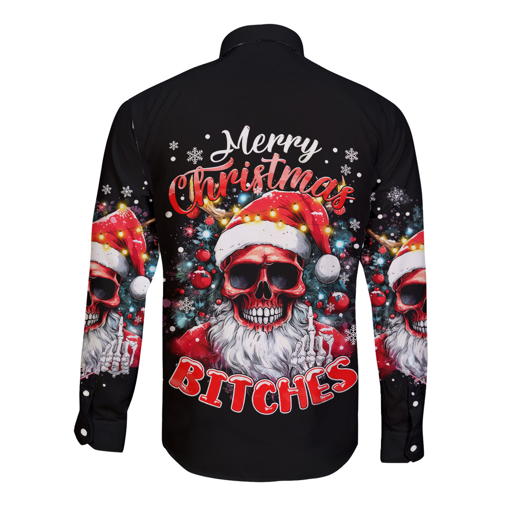 Black long-sleeve button shirt, back skeleton Santa graphic with 'Merry Christmas' 'BITCHES'.