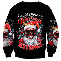 Black crewneck sweatshirt with skeleton Santa skull graphic and 'Merry Christmas Bitches' text