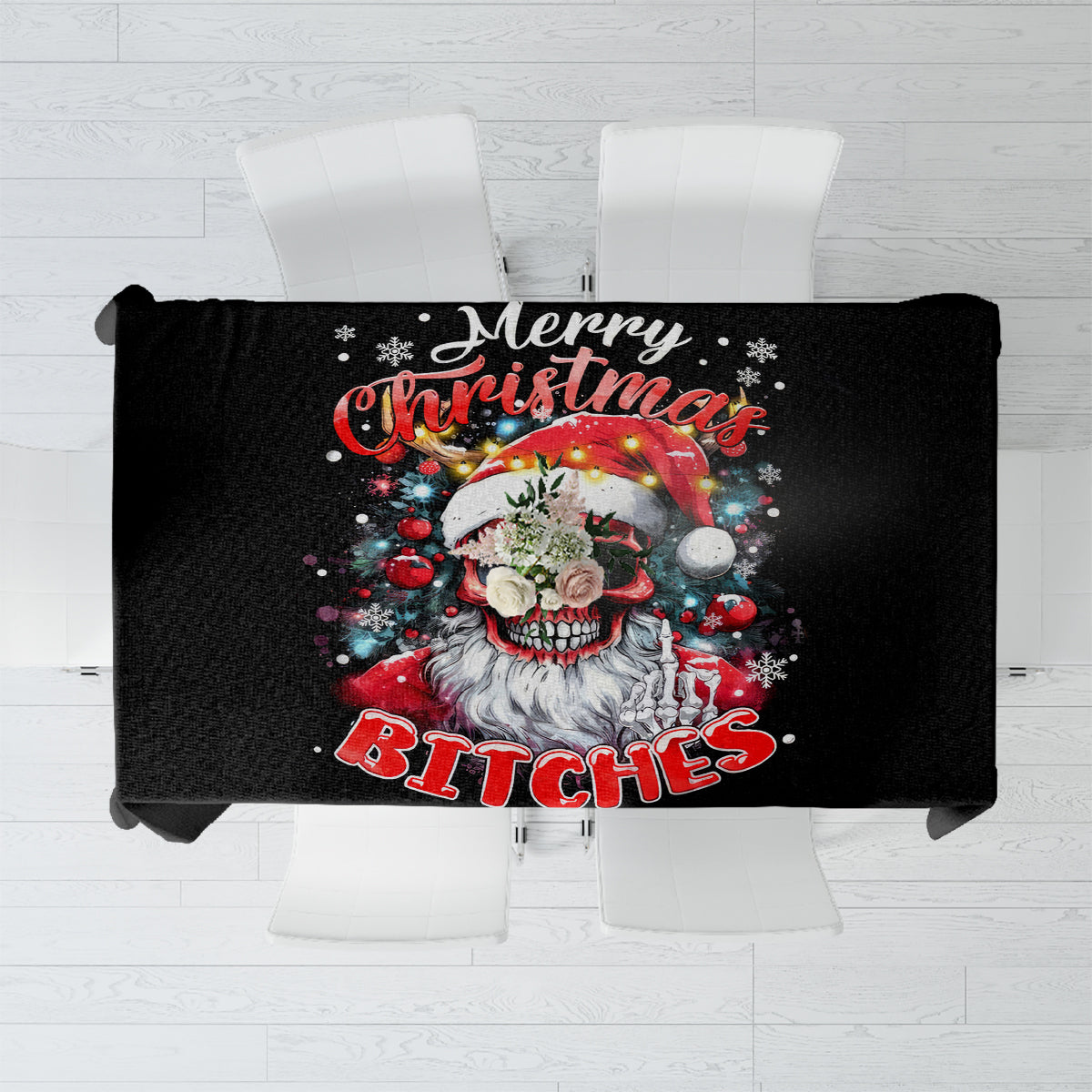 Black holiday tablecloth with skeleton Santa graphic and colorful red lettering