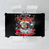 Black holiday tablecloth with skeleton Santa graphic and colorful red lettering