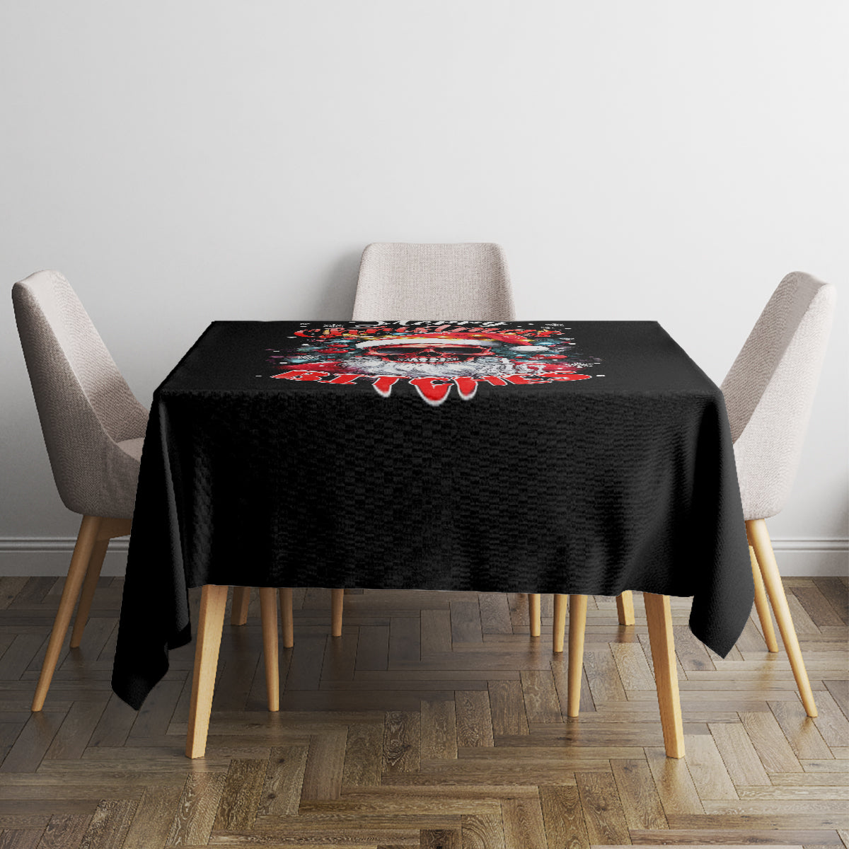 Black Christmas tablecloth on square table with colorful skeleton Santa print