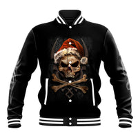 Black baseball jacket with striped ribbed collar and scary skeleton Santa face graphic