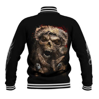Black baseball jacket with striped hem and back scary skeleton Santa skull graphic