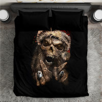 Black duvet cover and pillowcases with snarling skeleton Santa face graphic