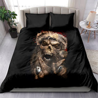 Black bedding set with skeleton Santa claws graphic on duvet and two matching pillows