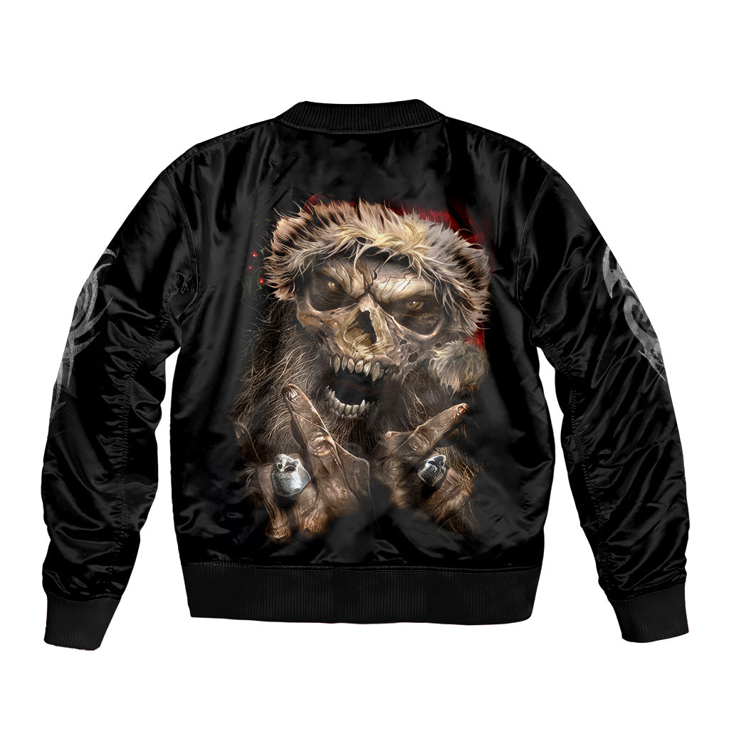 Black satin bomber jacket with skeleton Santa back graphic and ribbed collar