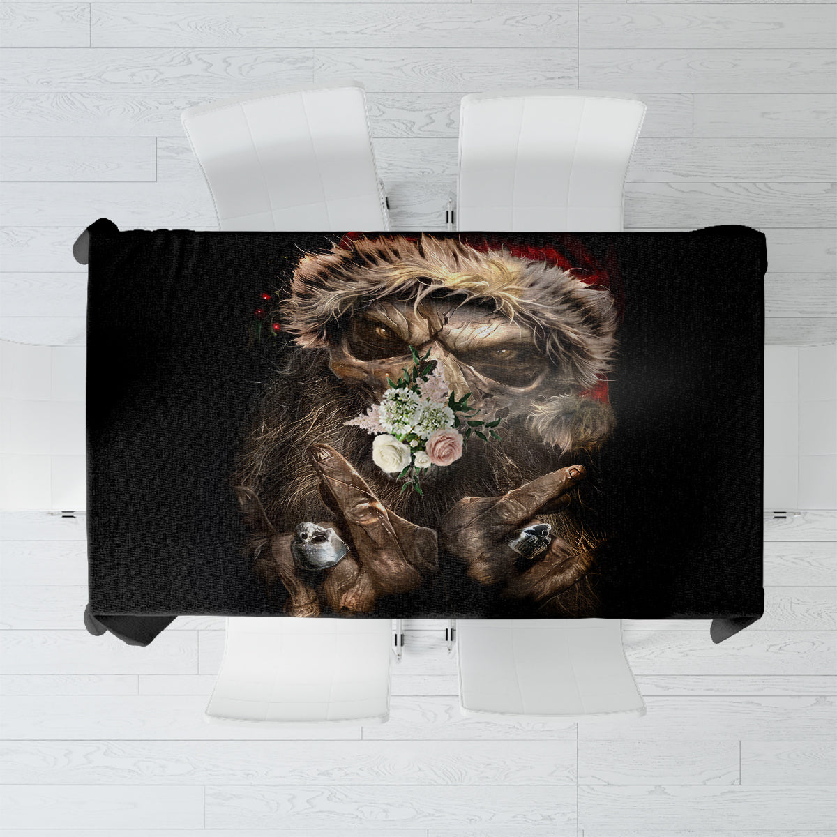 Black tablecloth with creepy Santa skeleton face graphic, rectangular design