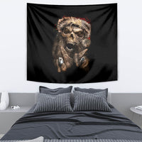 Black hanging tapestry featuring a skeleton Santa face and hands, red accents