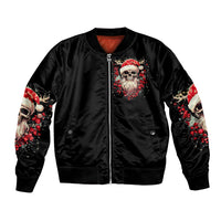Black satin bomber jacket with front zipper, skull Santa patch, and festive sleeve print