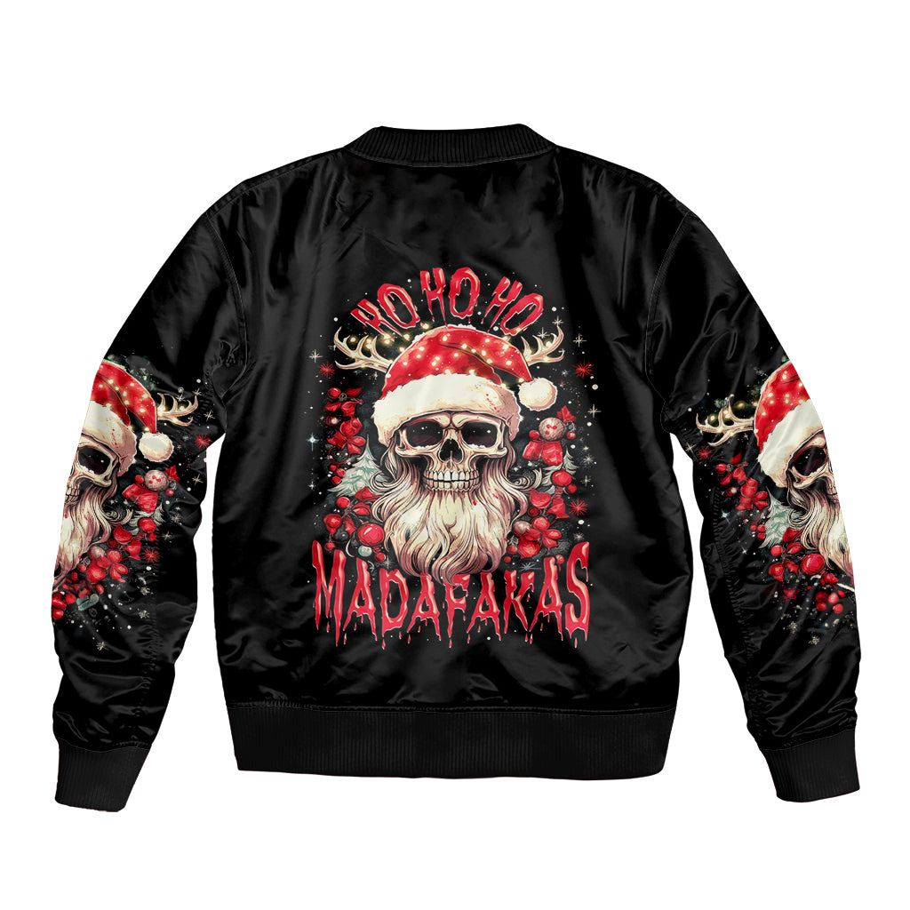 Black bomber jacket with skull Santa graphic on back and matching sleeve designs