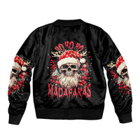 Black bomber jacket with skull Santa graphic on back and matching sleeve designs