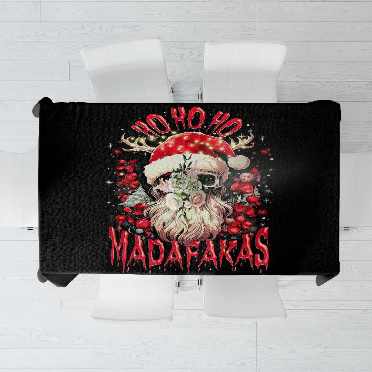 Black printed tablecloth with Santa skull graphic and red “Ho Ho Ho” text