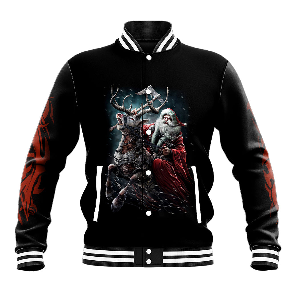 Black baseball jacket with striped trim, Viking Santa and warrior graphic on front
