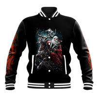 Black baseball jacket with striped trim, Viking Santa and warrior graphic on front