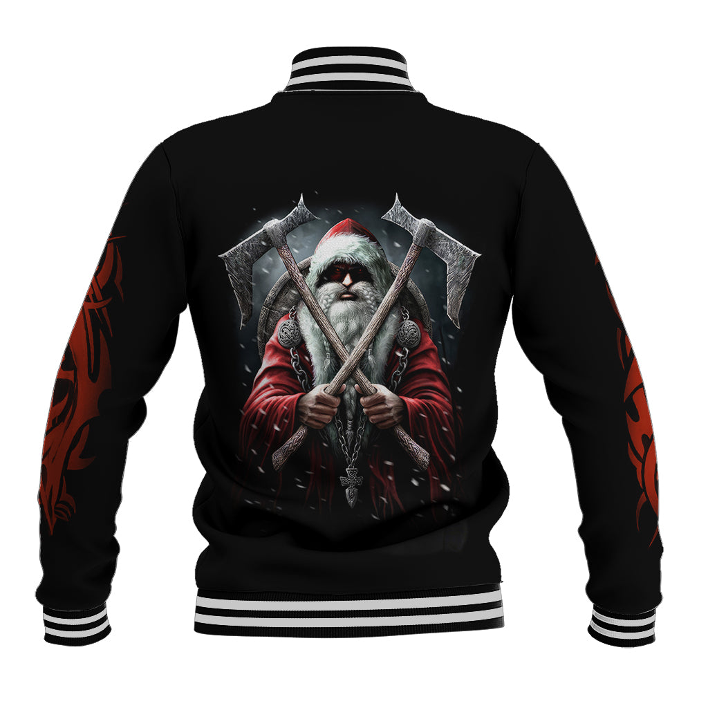Black baseball jacket with striped collar and cuffs, Viking Santa graphic on back