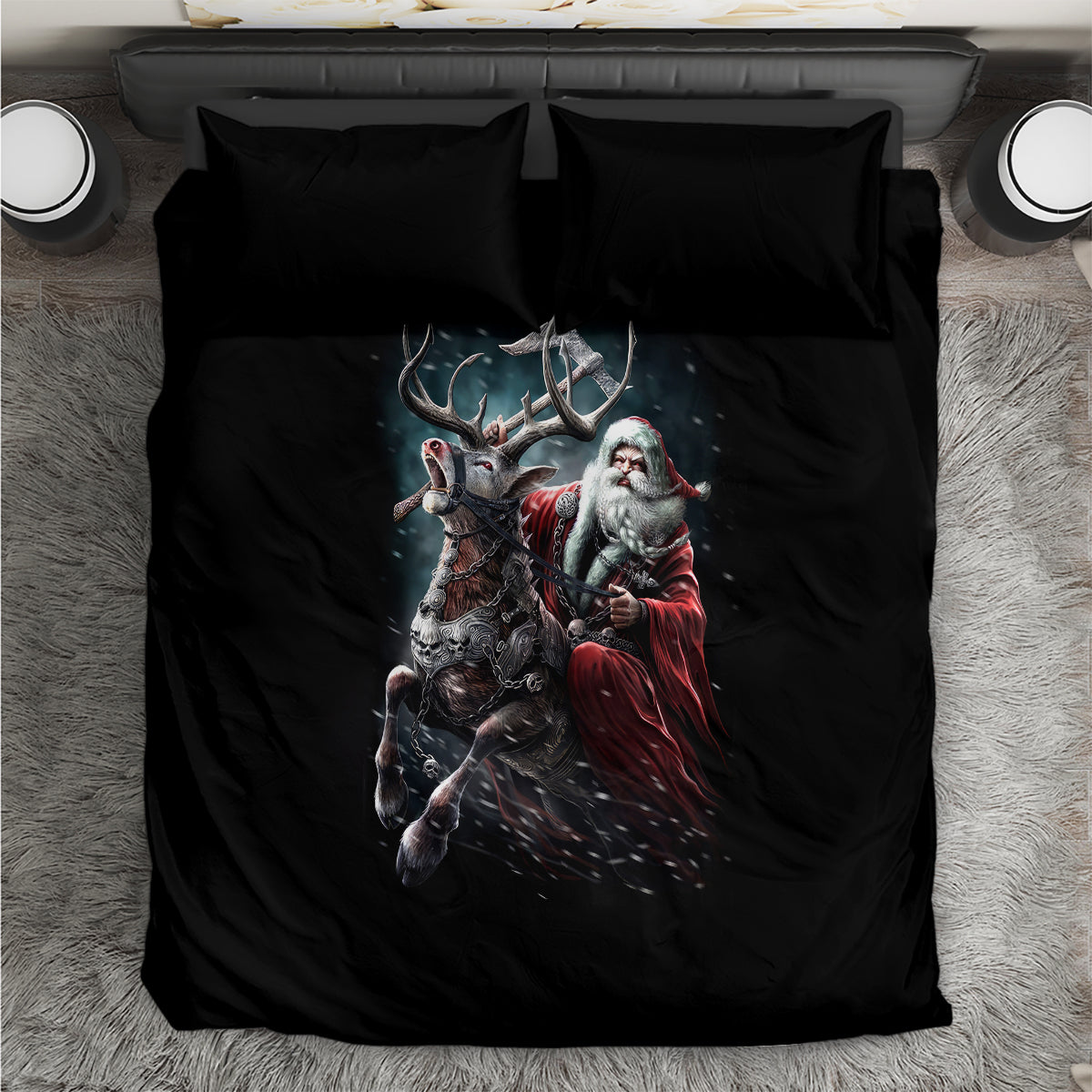 Black duvet cover and pillow set with Viking Santa and reindeer graphic
