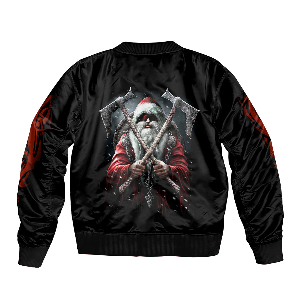 Black bomber jacket with large back graphic of Viking Santa holding crossed swords