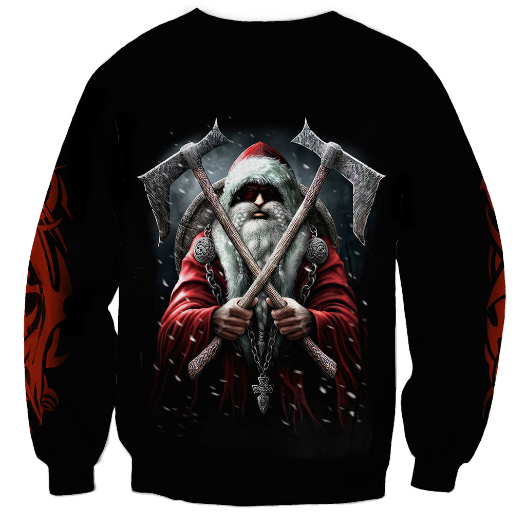 Black unisex sweatshirt with Viking Santa graphic, red pants and crossed axes