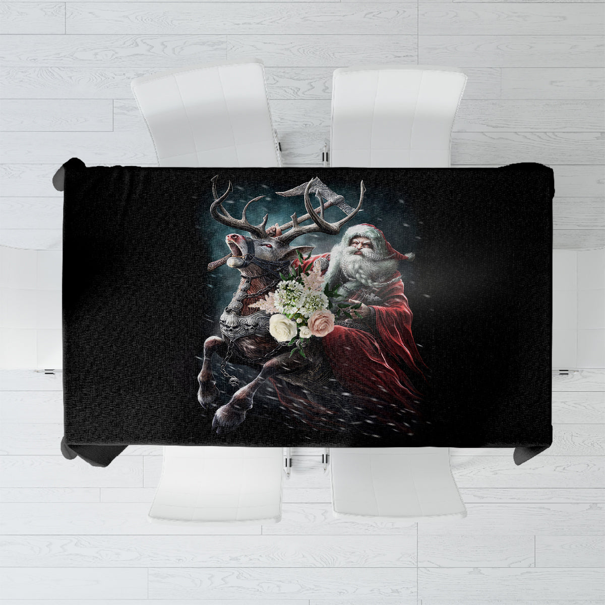 Black tablecloth with Viking Santa and reindeer holiday graphic center